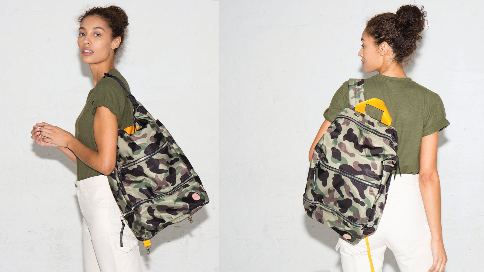 Two pictures of model wearing a green camo boxer backpack & hobo bag across shoulder and as a backpack.
