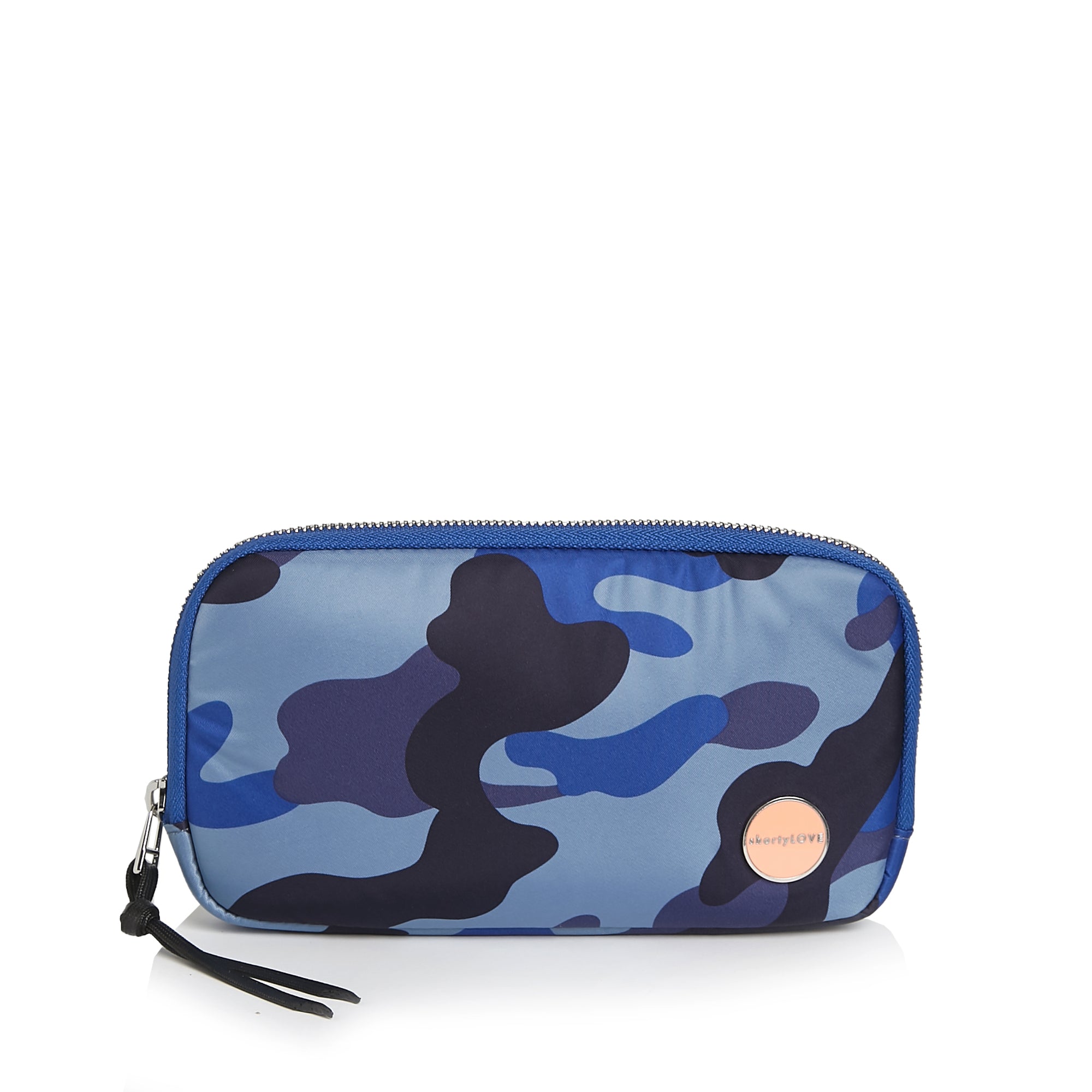 shortyLOVE jetty clutch/wallet in blue camo; front view against white background.