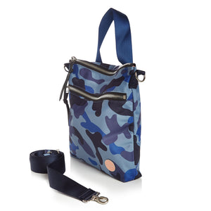 shortyLOVE amuse medium sized crossbody bag in blue camo; side angle view against white background.