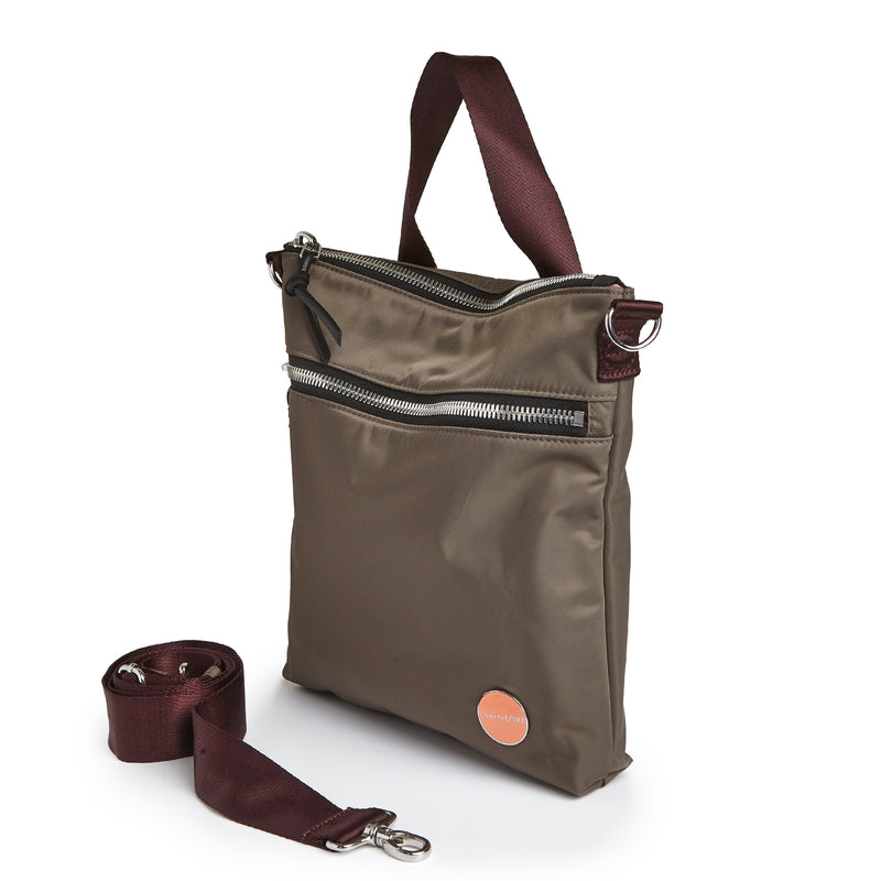 shortyLOVE amuse medium sized crossbody bag in mocha; side angle view against white background.
