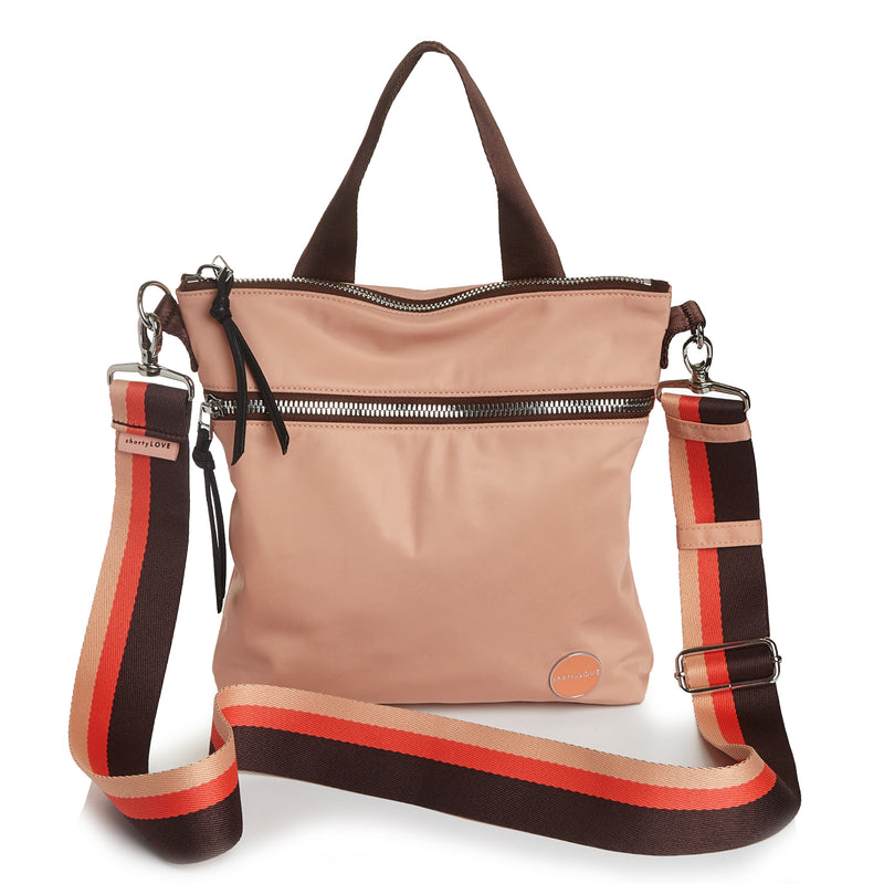 shortyLOVE boardwalk strap in chocolate/peach/coral; shown with amuse bag in dusty peach.