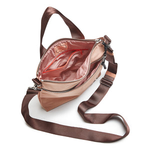 shortyLOVE amuse medium sized crossbody bag in dusty peach; top-down view showing interior blush/red lining against white background.