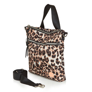 shortyLOVE amuse medium sized crossbody bag in leopard; side angle view against white background.