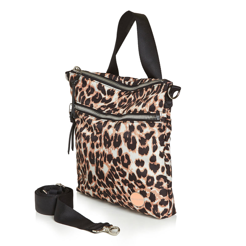 shortyLOVE amuse medium sized crossbody bag in leopard; side angle view against white background.