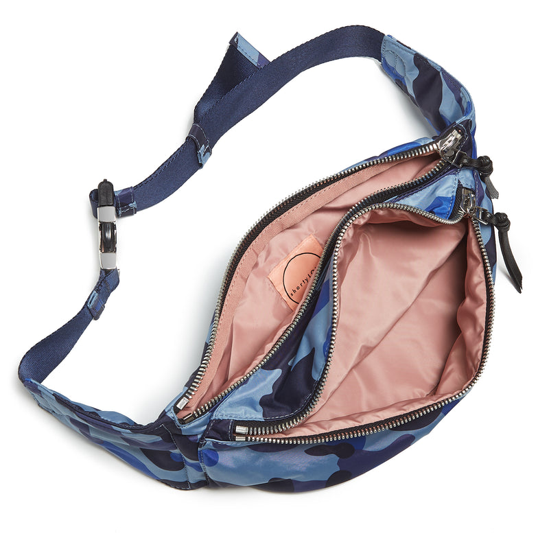 shortyLOVE arcade belt bag in blue camo; top-down view showing interior blush lining against white background.