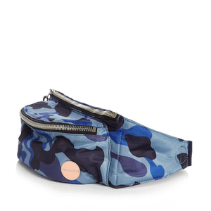 shortyLOVE arcade belt bag in blue camo; side angle view against white background.