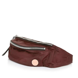 shortyLOVE arcade belt bag in burgundy; side angle view against white background.