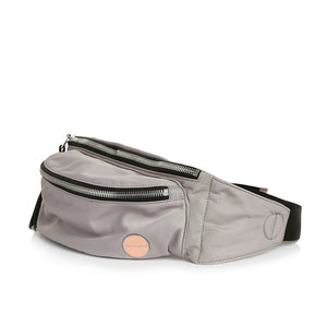 shortyLOVE arcade belt bag in grey; side angle view against white background.