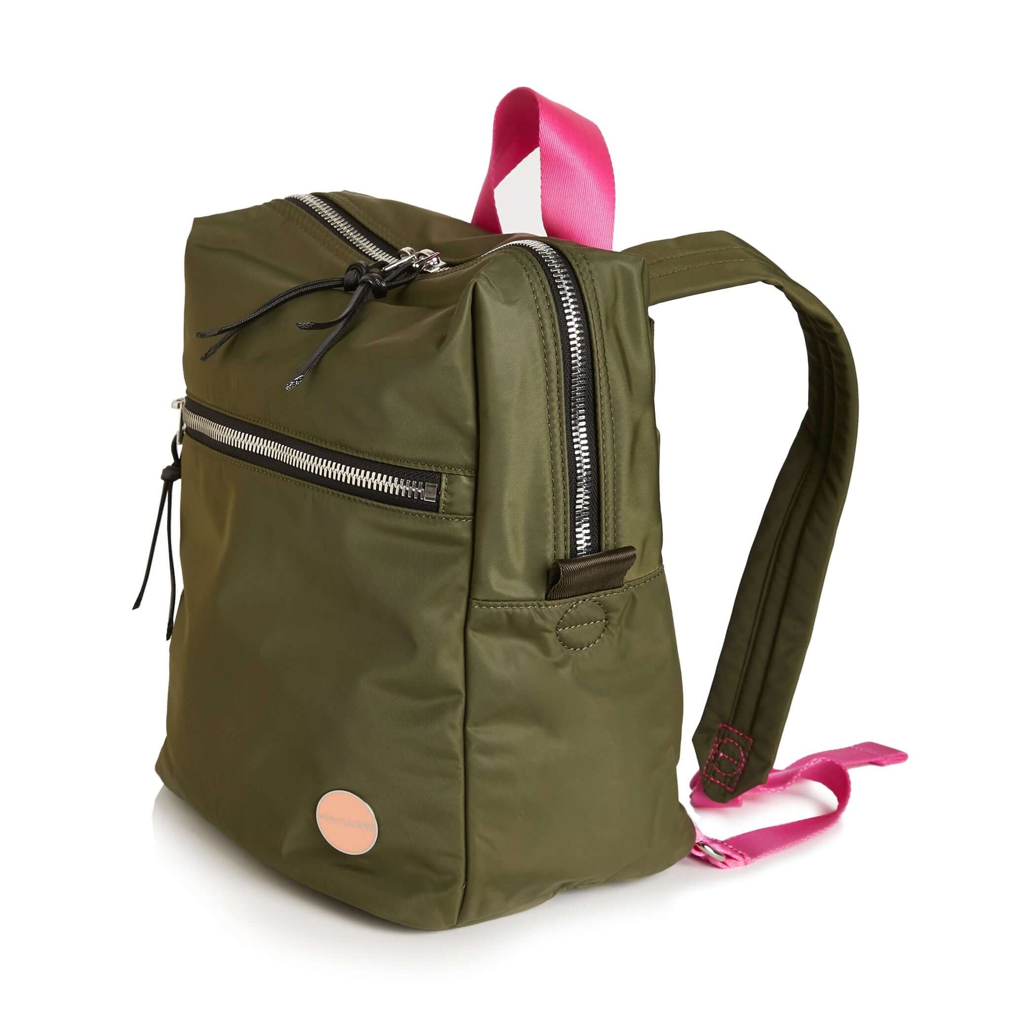 shortyLOVE ace small backpack in army green; side angle view against white background.