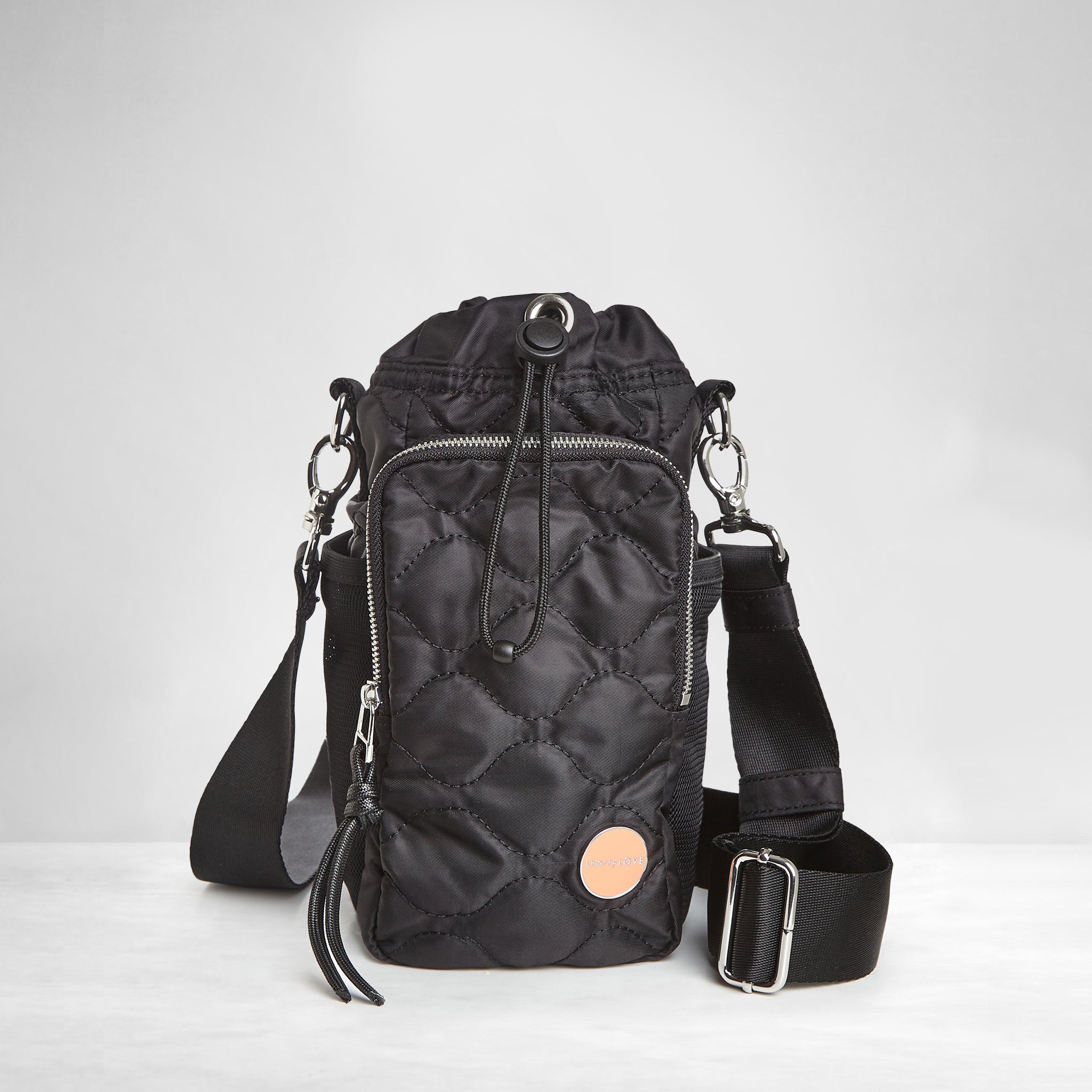 shortyLOVE bea sling bag in black; front view against grey background.