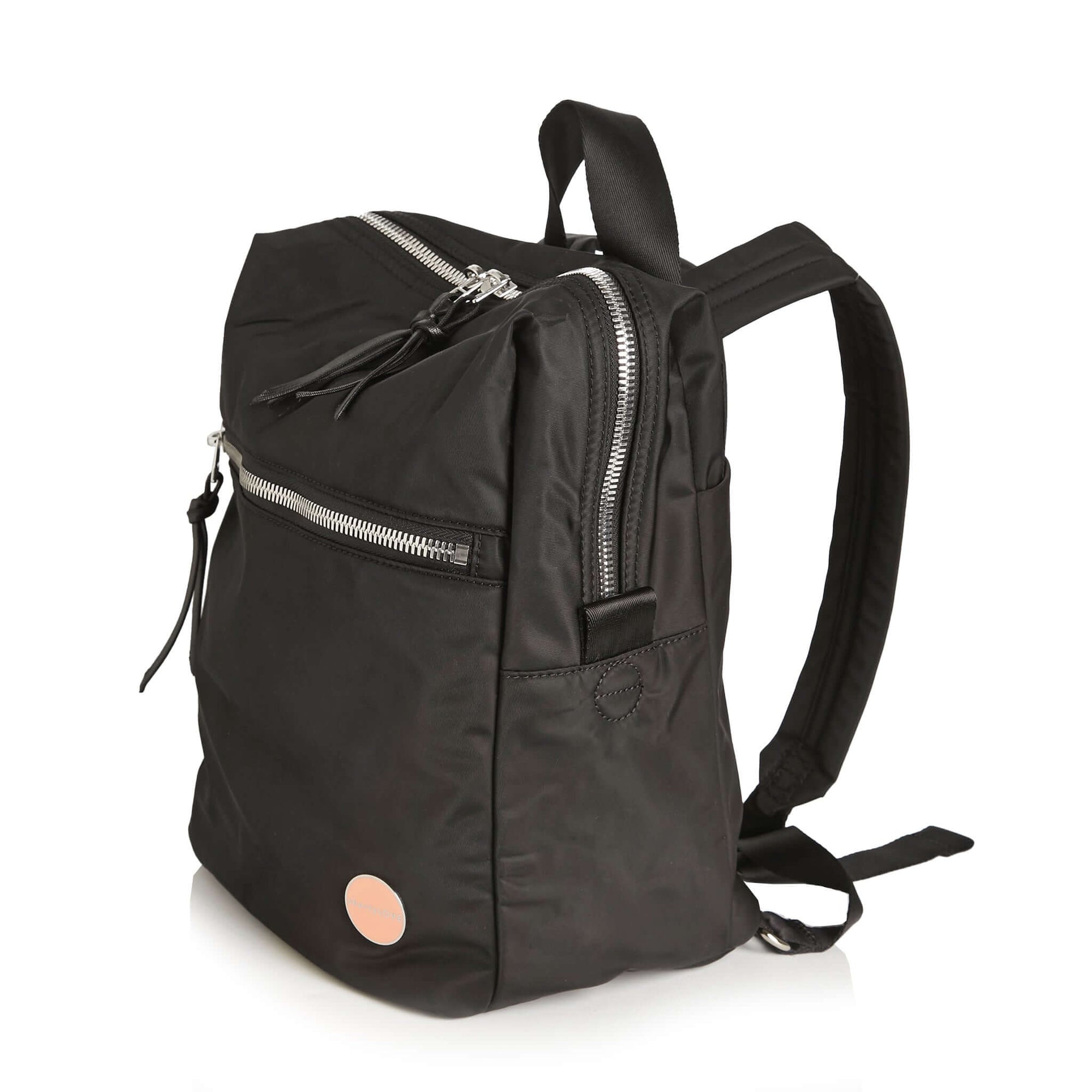 shortyLOVE ace small backpack in black; side angle view against white background.
