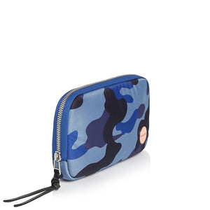 shortyLOVE jetty clutch/wallet in blue camo; side angle view against white background.
