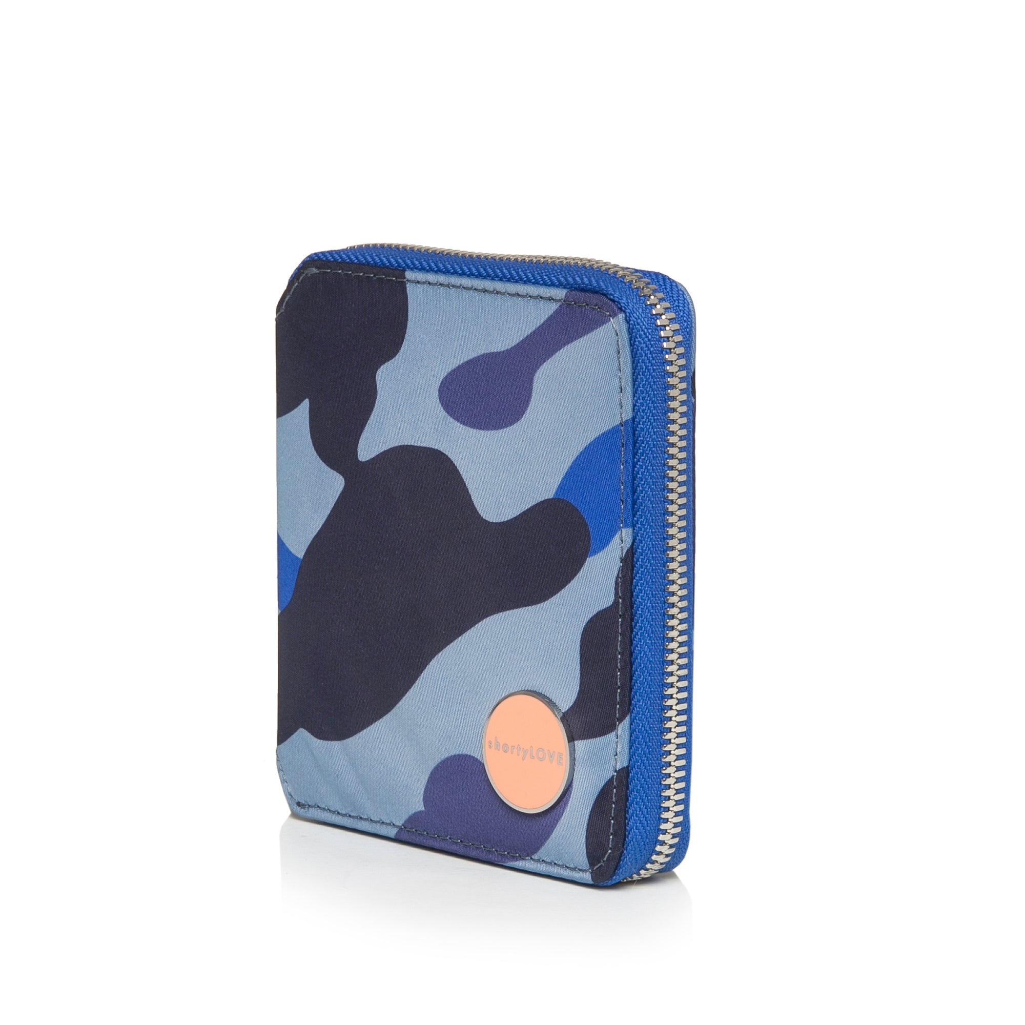 shortyLOVE merchant clutch/wallet in blue  camo; side angle view against white background.