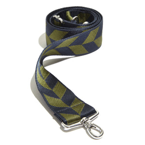 shortyLOVE boardwalk strap in arrow design in midnight/sage; top view front view rolled against white background.