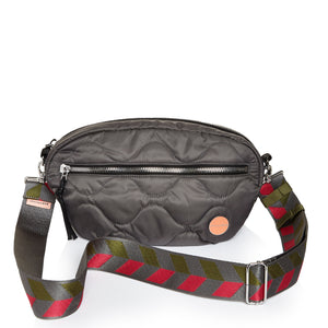 shortyLOVE boardwalk strap in arrow design in pewter/sage/magenta; shown with small cruiser bag in pewter.