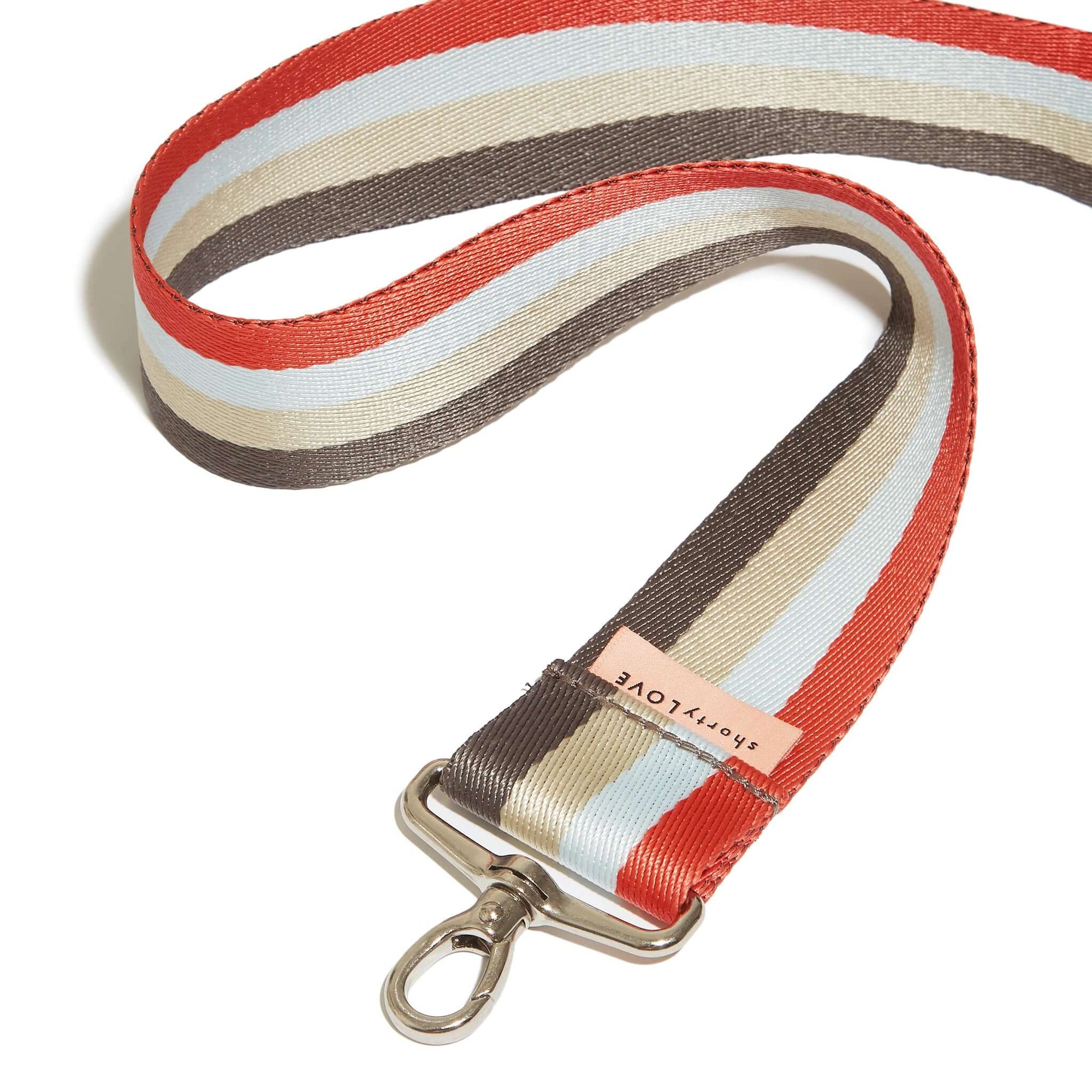 shortyLOVE boardwalk strap in mocha/khaki/blue/orange; top view open against white background.