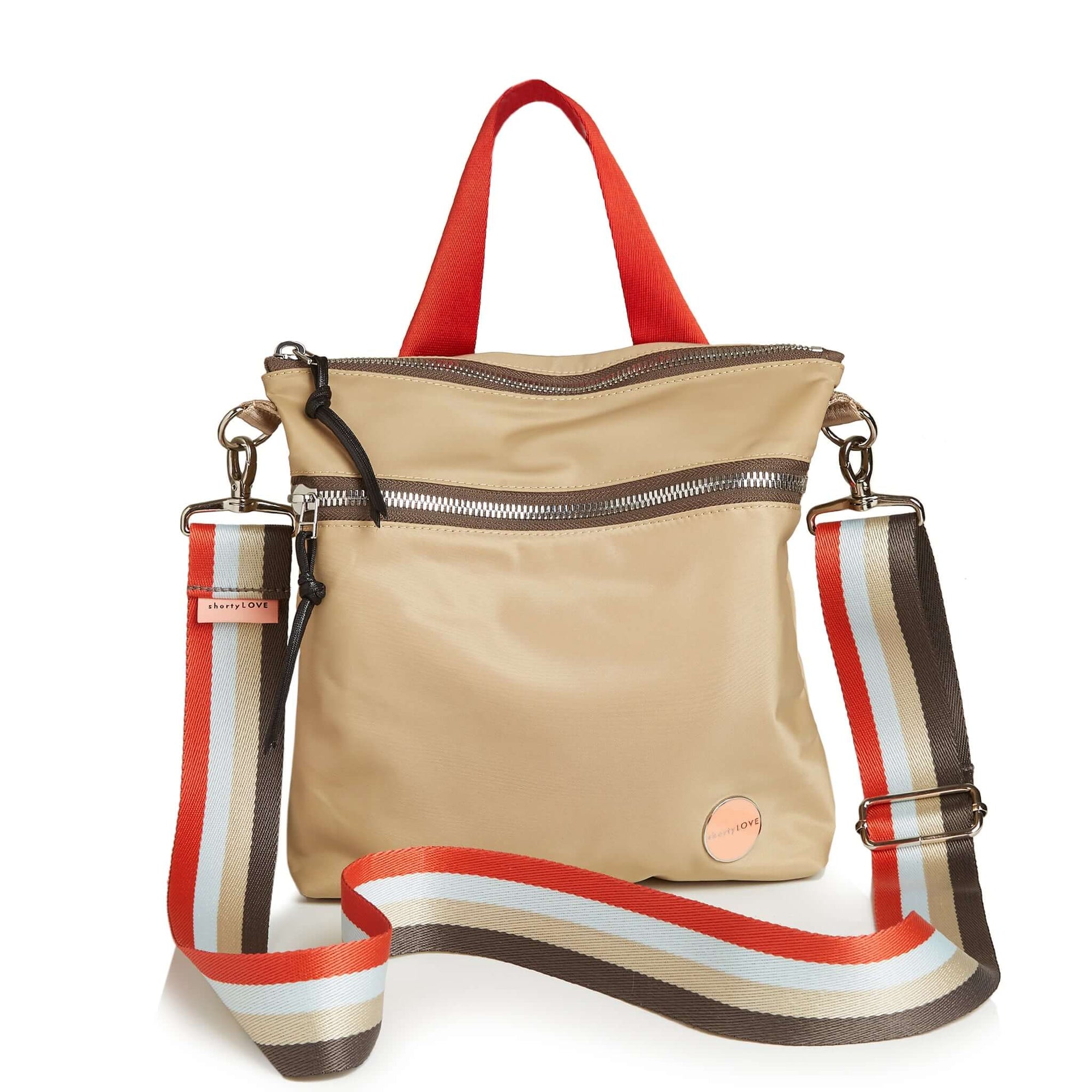 shortyLOVE boardwalk strap in mocha/khaki/blue/orange; shown with amuse bag in khaki.