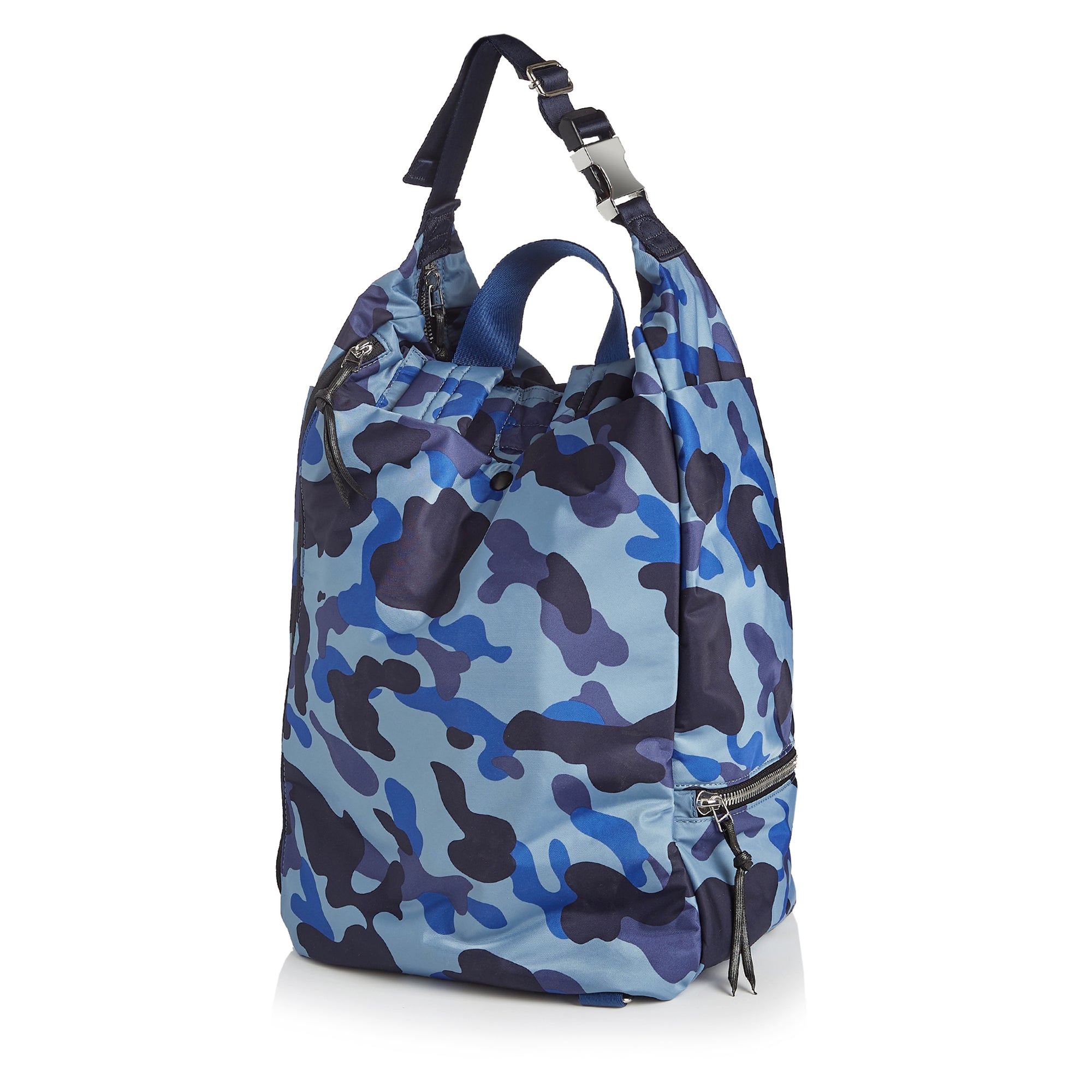 shortyLOVE boxer backpack in blue camo; back view against white background.