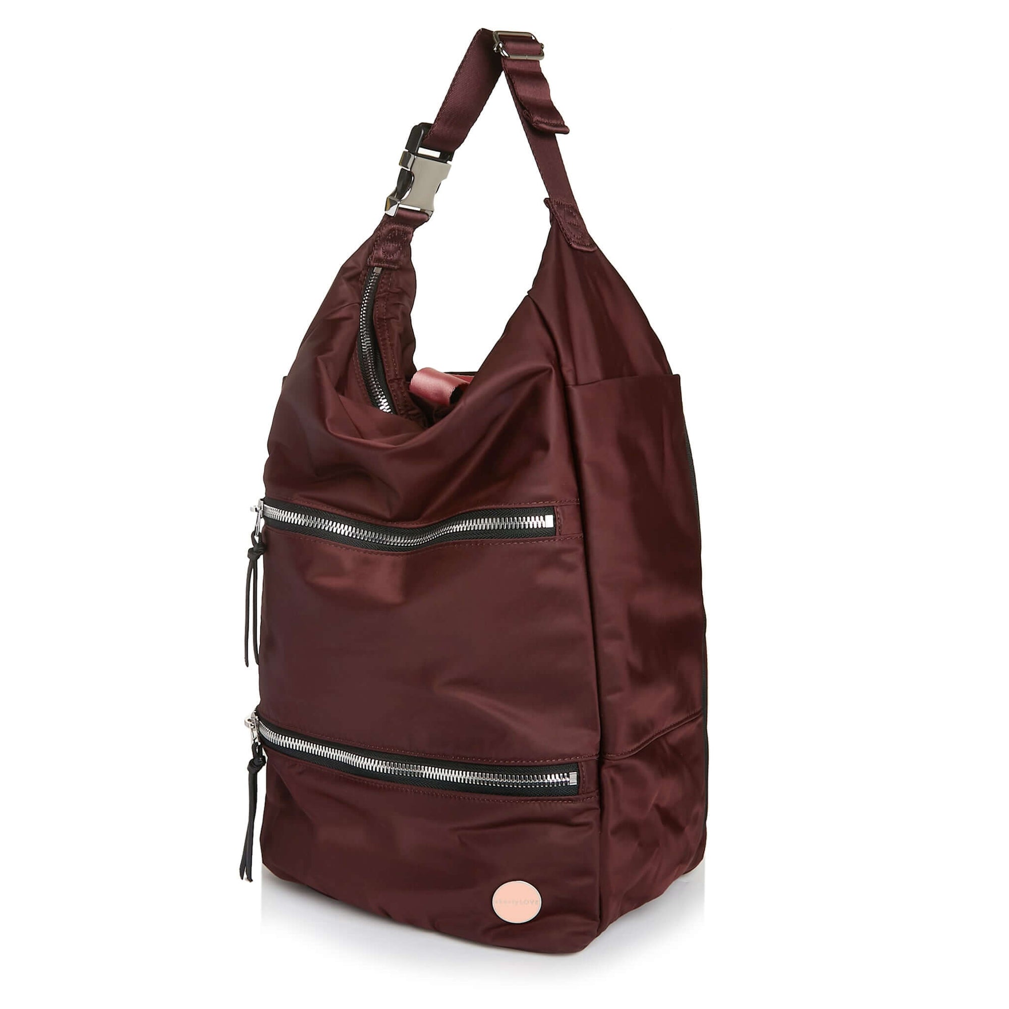 shortyLOVE boxer backpack in burgundy; side angle view against white background.