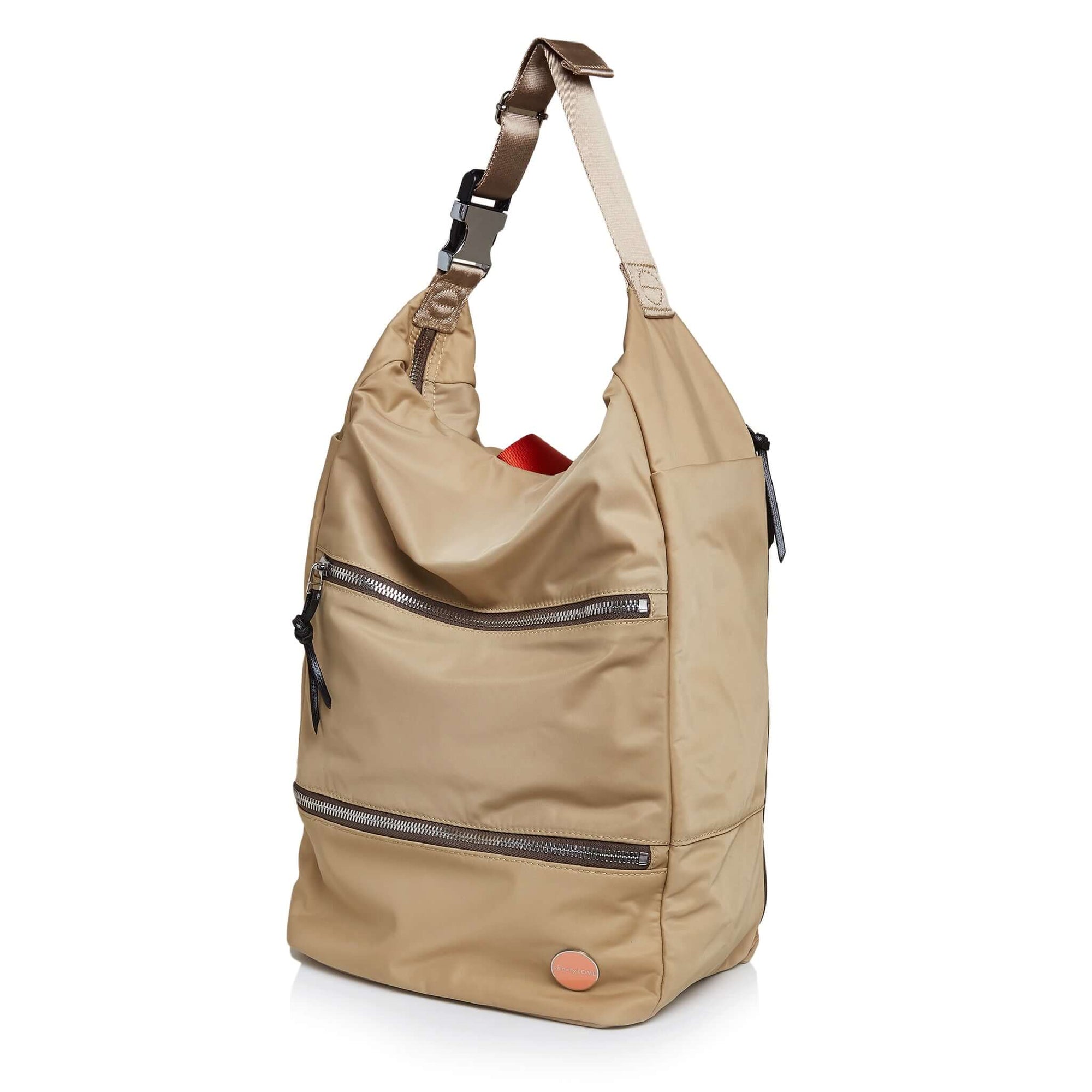 shortyLOVE boxer backpack in khaki; front view against white background.