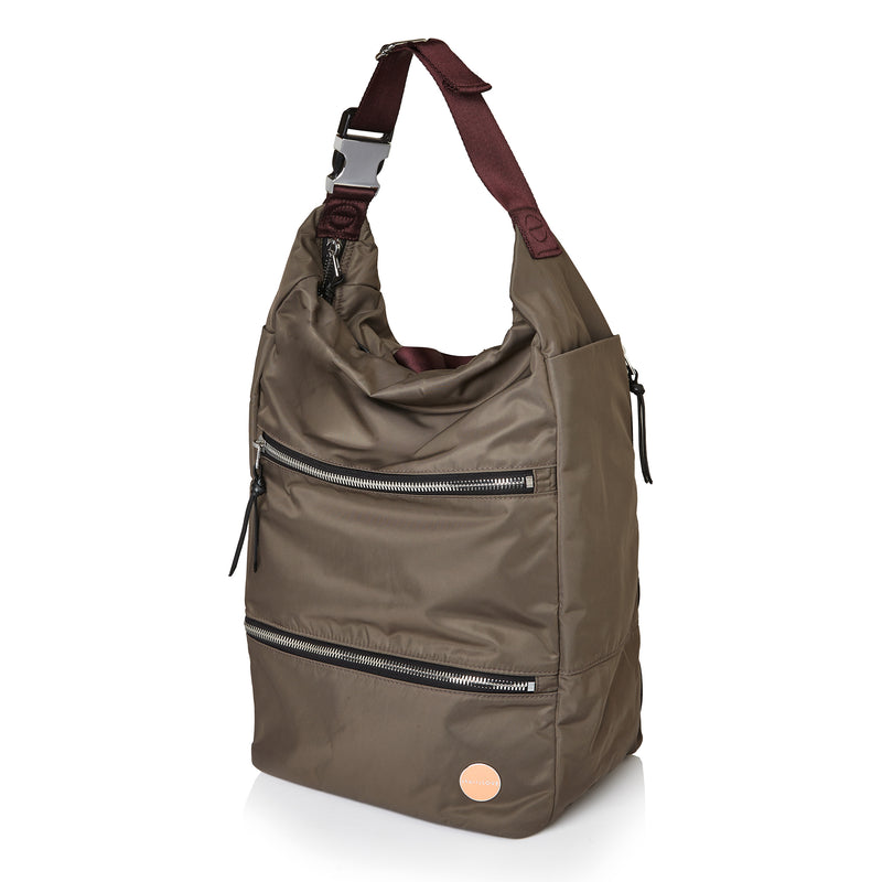 shortyLOVE boxer backpack in mocha; side angle view against white background.