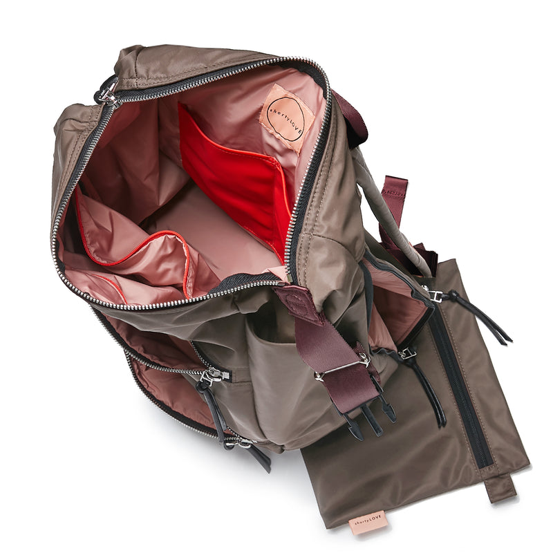 shortyLOVE boxer backpack in mocha; top-down view showing interior mocha lining against white background.