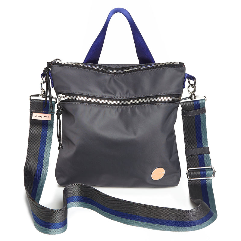 shortyLOVE boardwalk strap in charcoal/violet/steel; shown with amuse bag in charcoal.