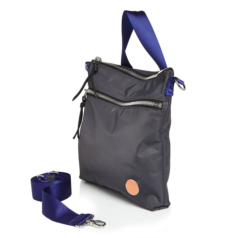 shortyLOVE amuse medium sized crossbody bag in charcoal; side angle view against white background.