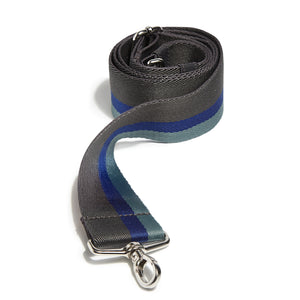 shortyLOVE boardwalk strap in charcoal/violet/steel; front view rolled against white background.