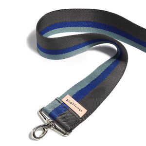 shortyLOVE boardwalk strap in charcoal/violet/steel; front view snaked against white background.