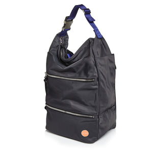 shortyLOVE boxer backpack in charcoal; side angle view against white background.