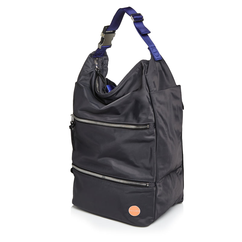 shortyLOVE boxer backpack in charcoal; side angle view against white background.