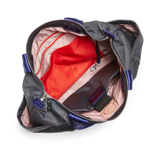 shortyLOVE tillie tote bag in charcoal; top-down view showing interior blush/red lining against white background.