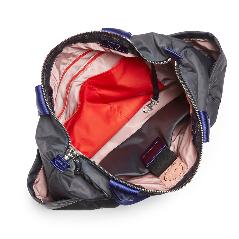 shortyLOVE tillie tote bag in charcoal; top-down view showing interior blush/red lining against white background.