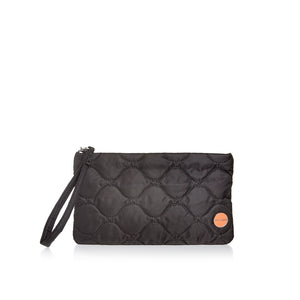 shortyLOVE cleo wristlet clutch in black; front view against white background.