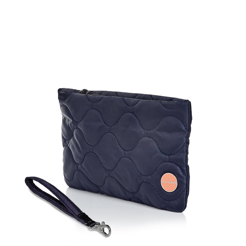 shortyLOVE cleo wristlet clutch in midnight; side view against white background.
