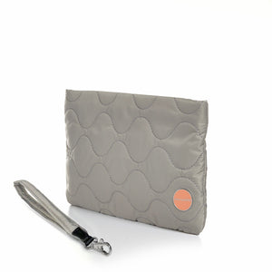 shortyLOVE cleo wristlet clutch in milky grey; side view against white background.