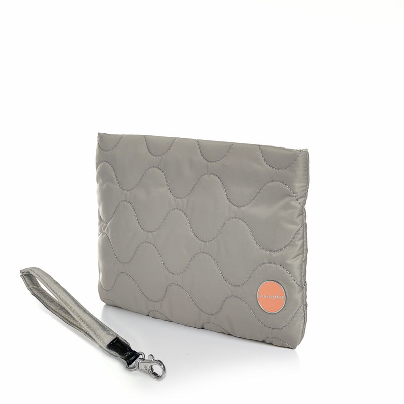 shortyLOVE cleo wristlet clutch in milky grey; side view against white background.