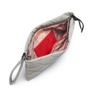 shortyLOVE cleo wristlet clutch in milky grey; top-down view showing interior blush lining against white background.