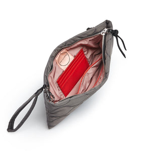 shortyLOVE cleo wristlet clutch in pewter; top-down view showing interior blush lining against white background.