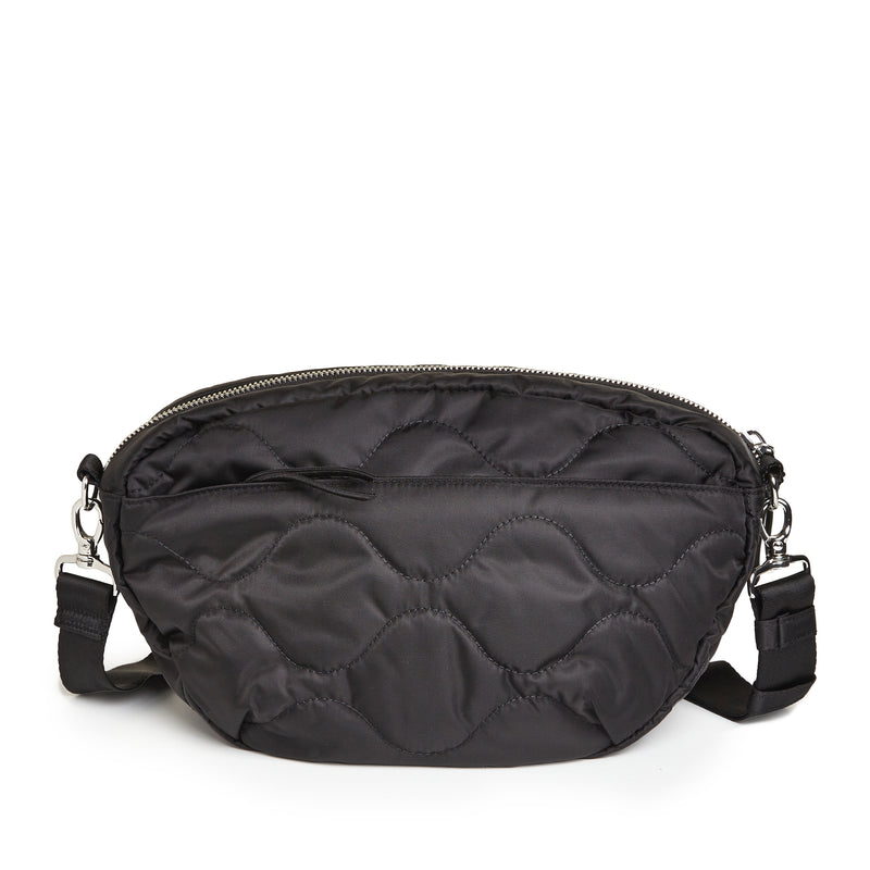 shortyLOVE cruiser medium crossbody bag in black; back view against white background.