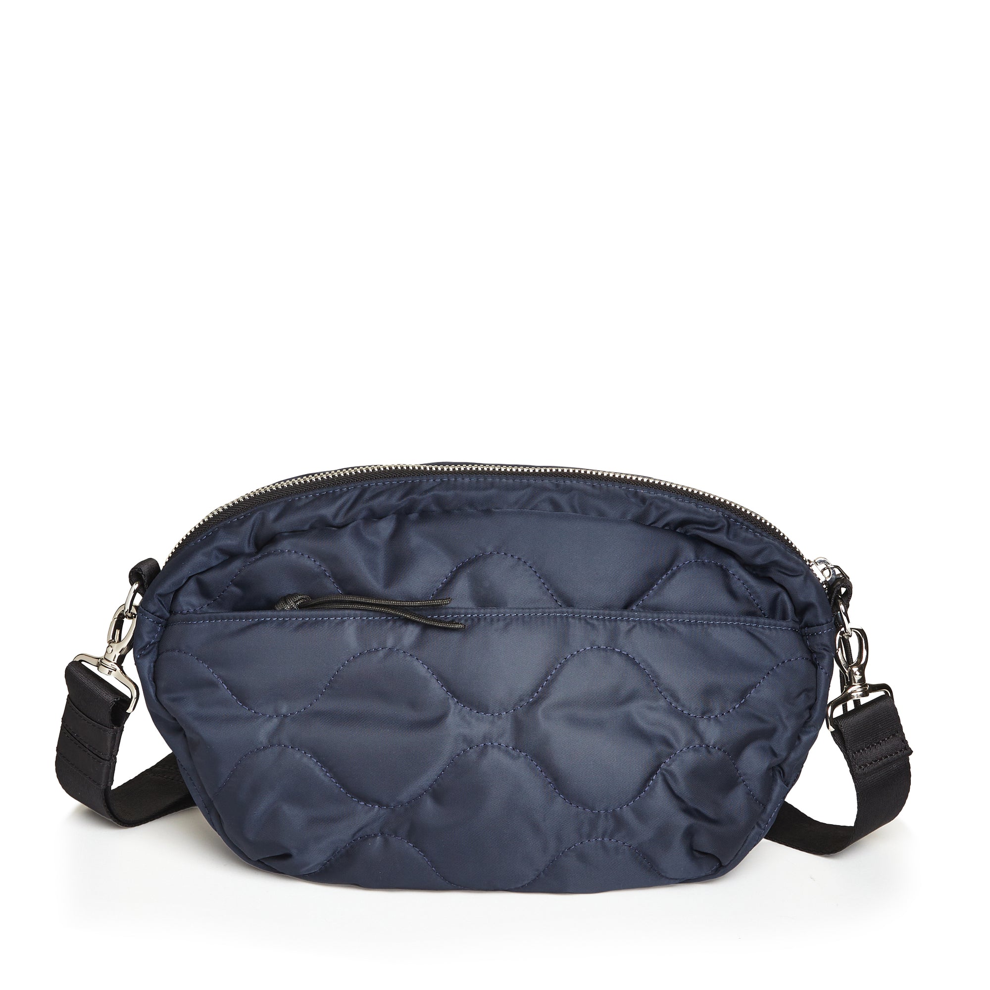 shortyLOVE cruiser medium crossbody bag in midnight; back view against white background.