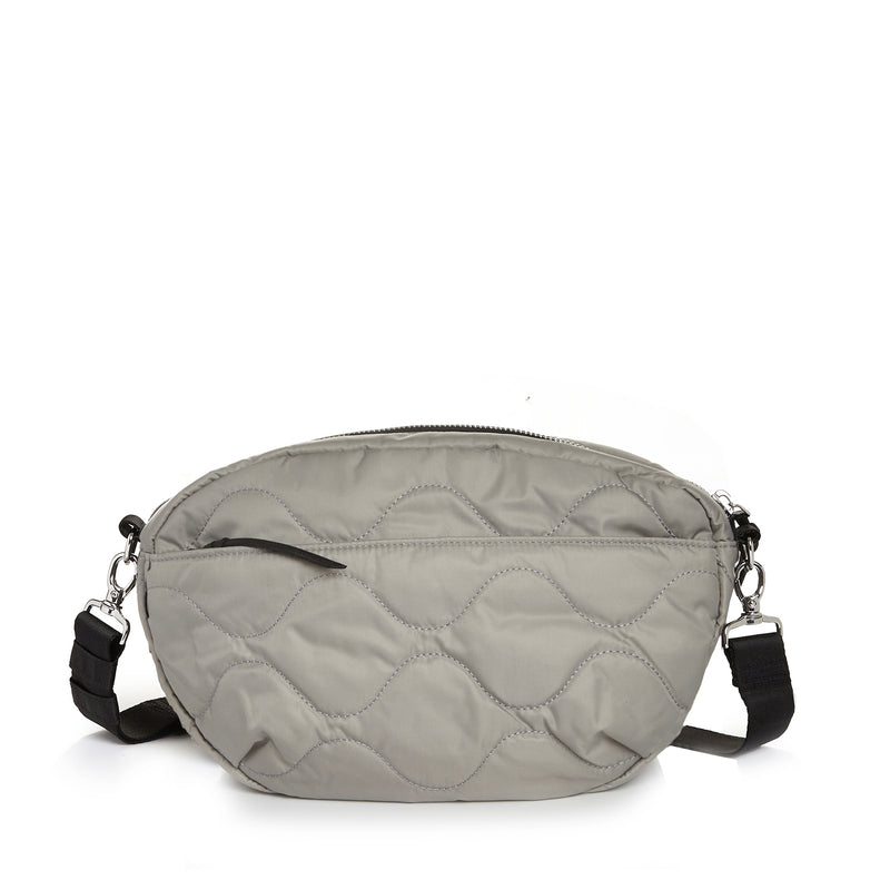 shortyLOVE cruiser medium crossbody bag in milky grey; back view against white background.