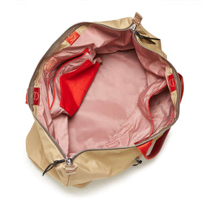 shortyLOVE friday weekender bag in khaki; top-down view showing interior pink lining against white background.