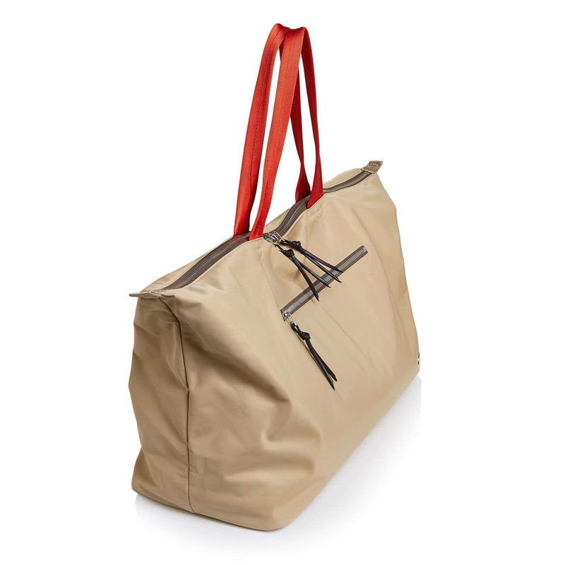 shortyLOVE friday weekender bag in khaki; side angle view against white background.