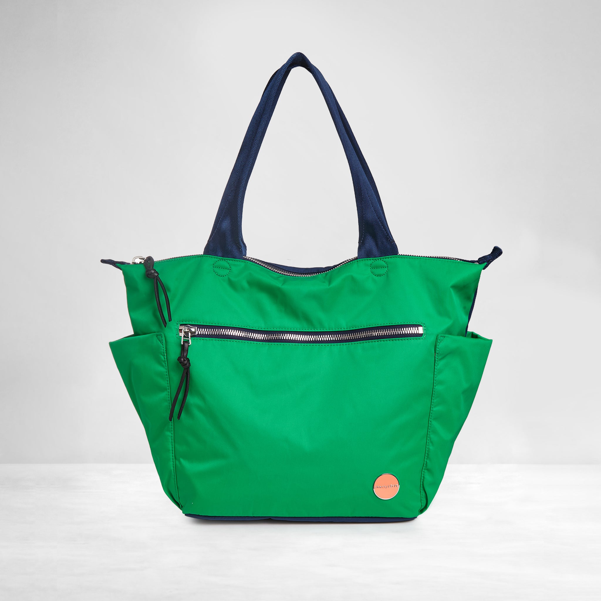 shortyLOVE tillie tote bag in grass green/navy; front view against white background.