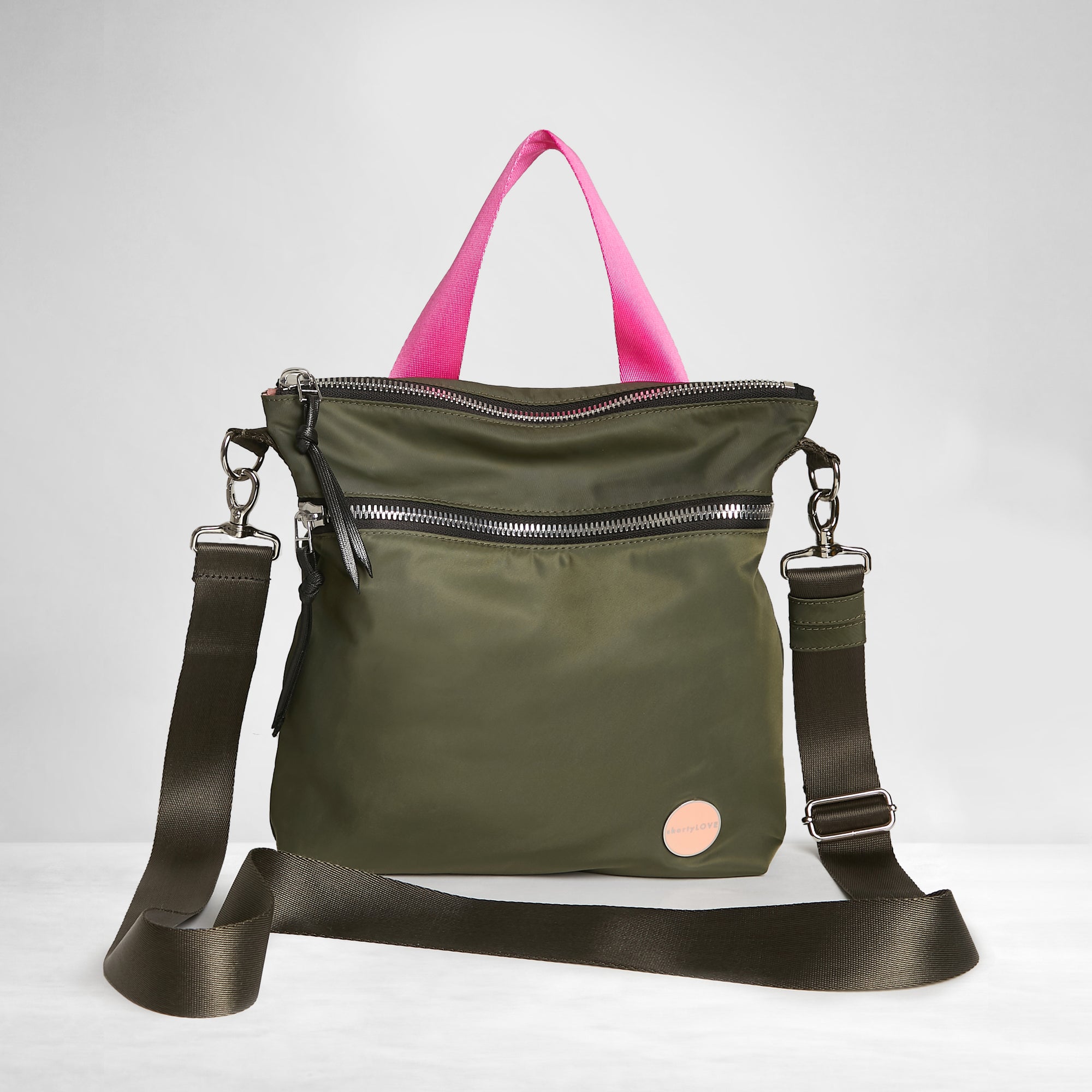 shortyLOVE amuse medium sized crossbody bag in army green; front view against white background.