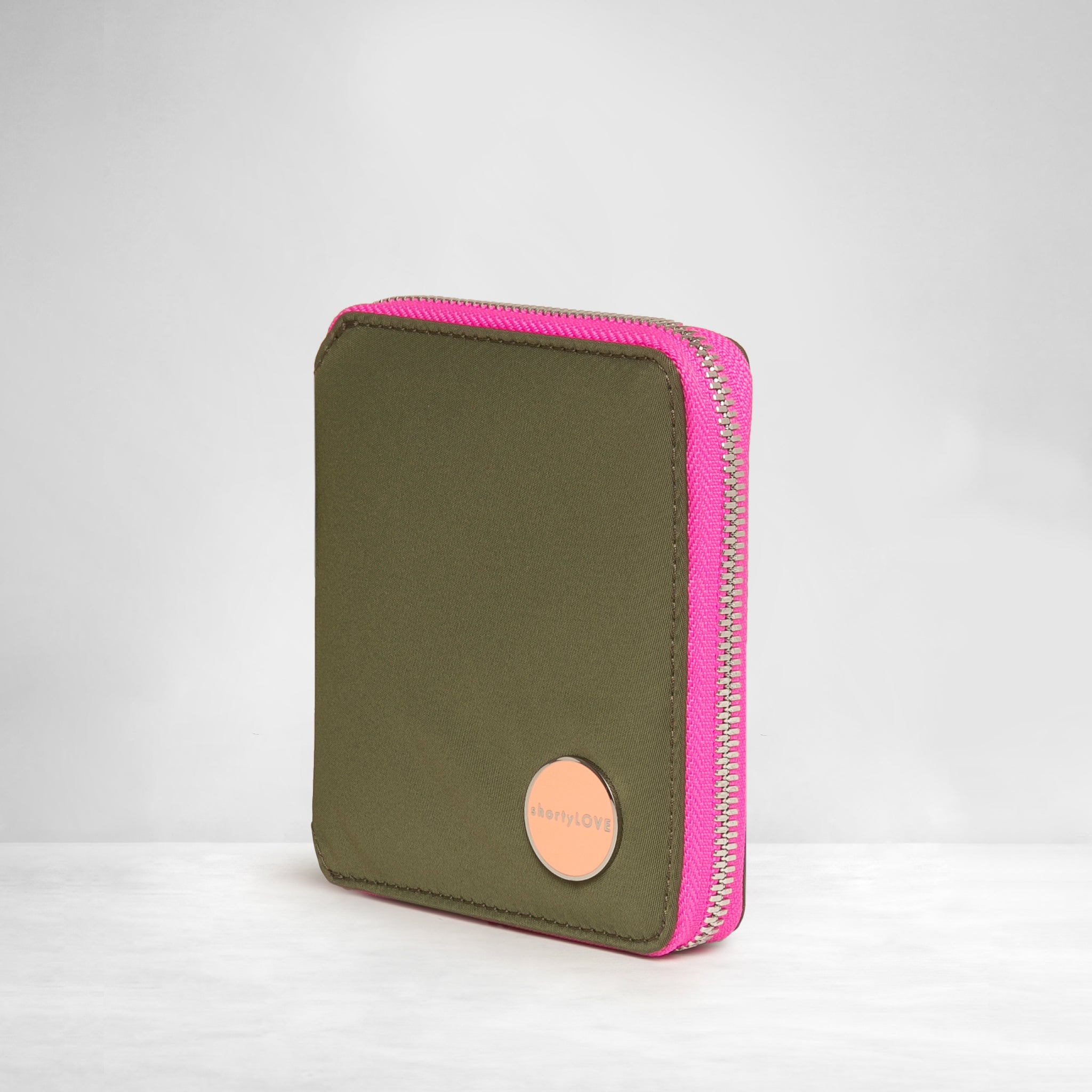 shortyLOVE merchant small wallet in army green; side angle view against white background.