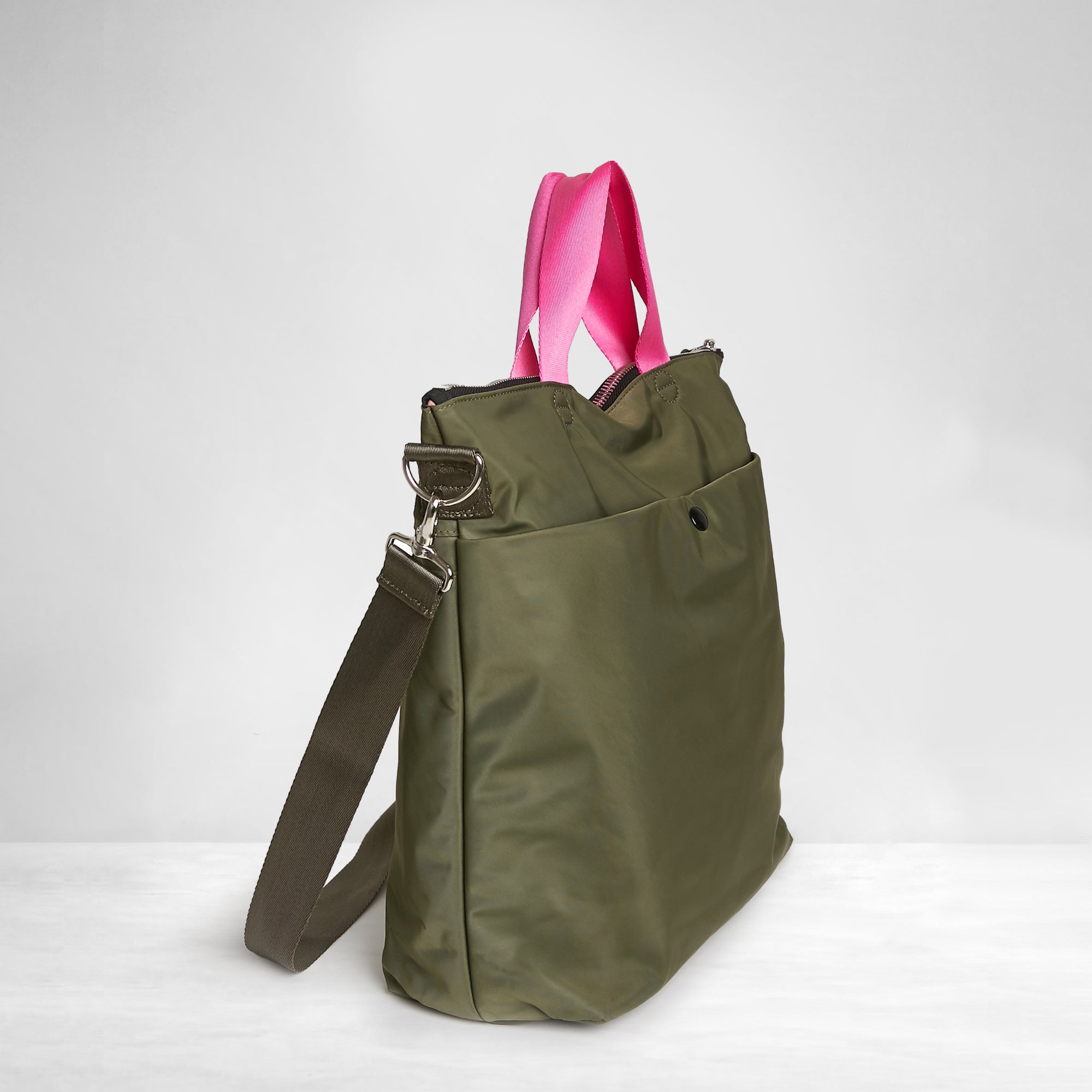 shortyLOVE wonder large crossbody/messenger bag in army green; side/back view against white background.