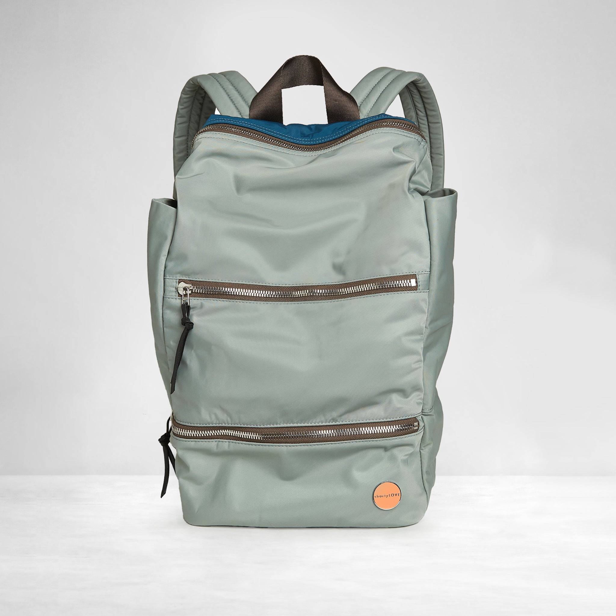 shortyLOVE boxer backpack in slate/teal; front view against white background.
